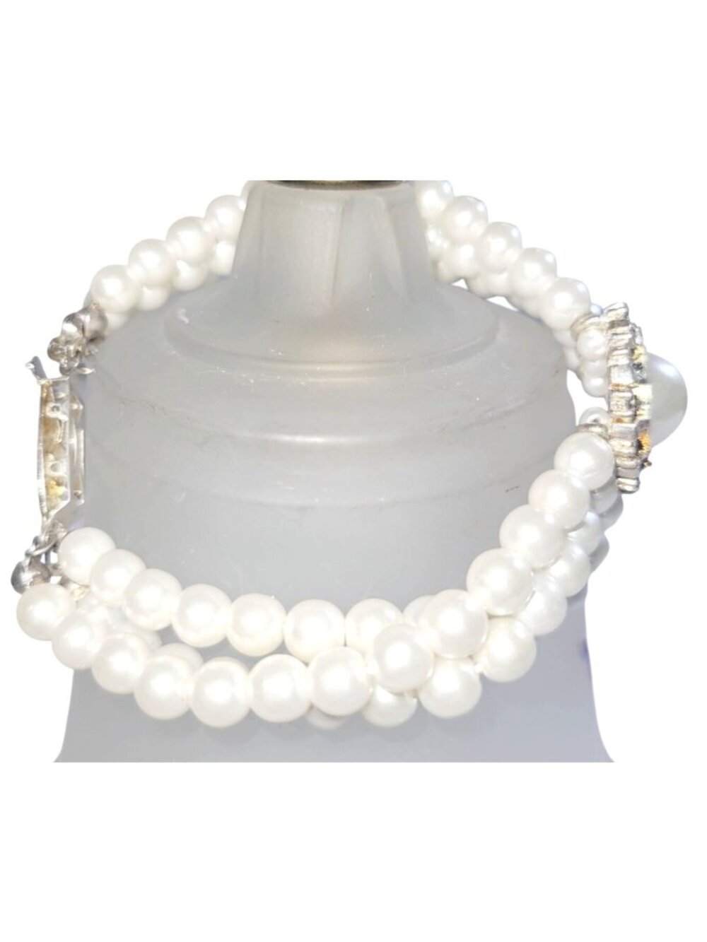 Faux Pearl With Tear Drop Crystal Cabochon Three Row Bracelet Silver Tone Clasp - Picture 4 of 10